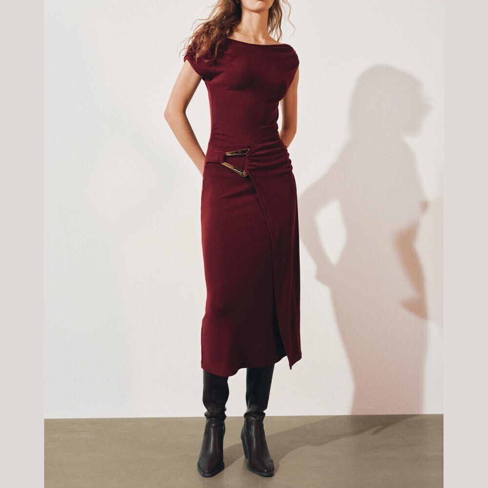 Burgundy Ruched Asymmetrical Neck Gold Hardware Slit Midi Dress